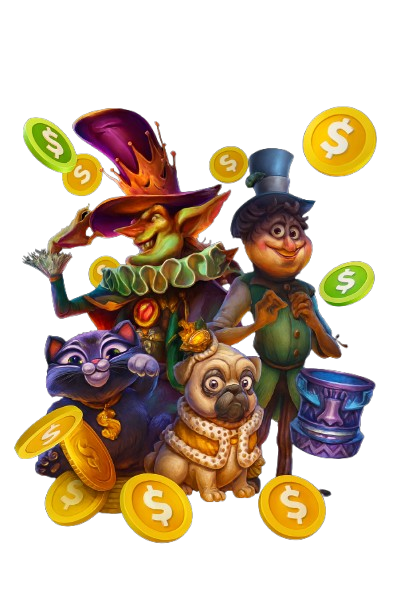 Juwa777 character illustration with a jester, top-hatted figure, purple cat and dog